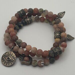 🌸 Set of 3 Natural Stone Beaded Stretch Bracelets - Evil Eye & Hamsa Charm